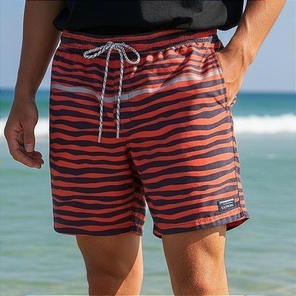 LL Bean Mens Striped Board Shorts Swim Trunks Orange Navy Blue XL Beach